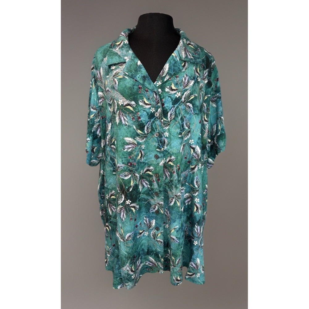 Floral Bamboo Tunic Button Up Blouse by Blue Sky Size 2X Green Sustainable